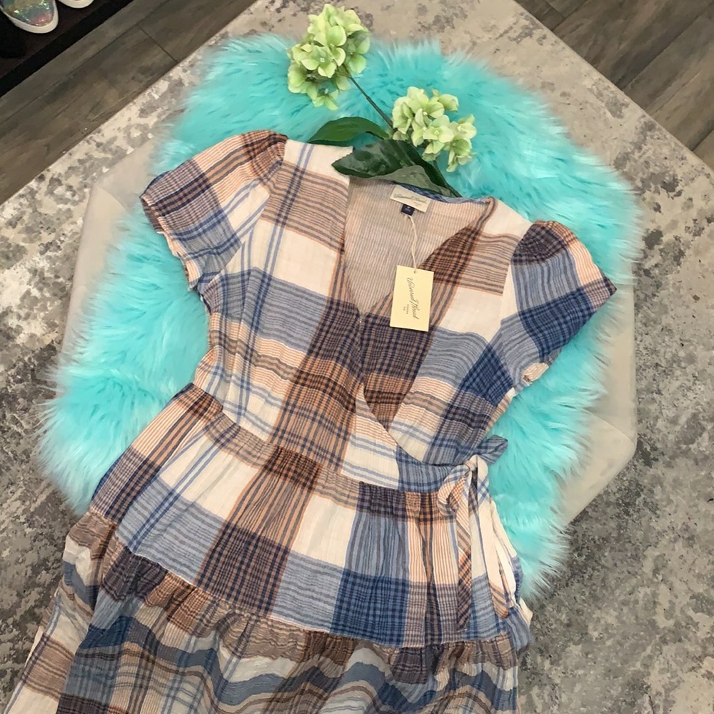 NEW! Blue Plaid Side Fold Over Dress - Picture 2 of 6